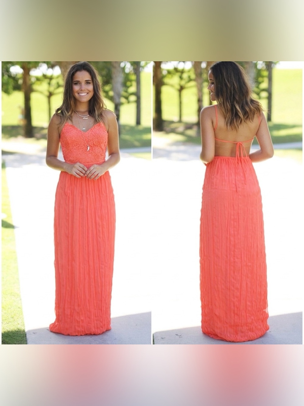 MeYou MeYou Coral Pleated Maxi Dress with Open Back (L)